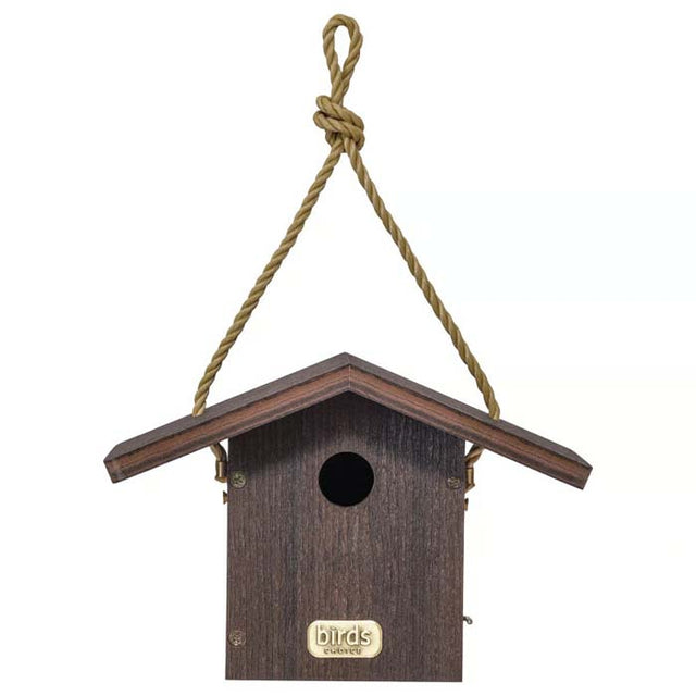 Wren House, Brazilian Walnut, featuring a 1-1/4 inch entrance hole, nylon hanging rope, and side door for easy cleaning.