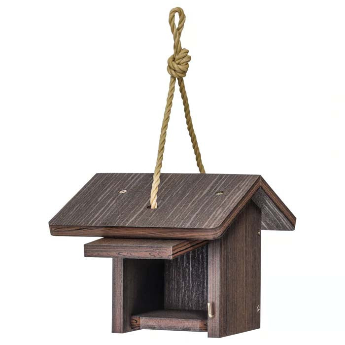 Wren House, Brazilian Walnut, with a 1-1/4 inch entrance hole, nylon hanging rope, and side cleanout door for easy cleaning and ventilation.