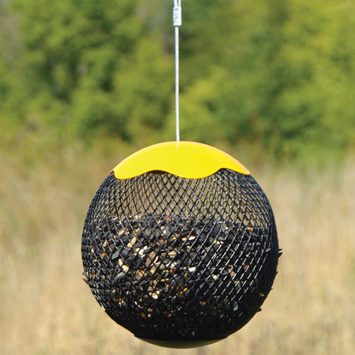 Hanging Seed Sphere: Wire mesh bird feeder with a twist-off cap for easy filling, designed for clinging birds. Includes cable hanger and built-in drainage.