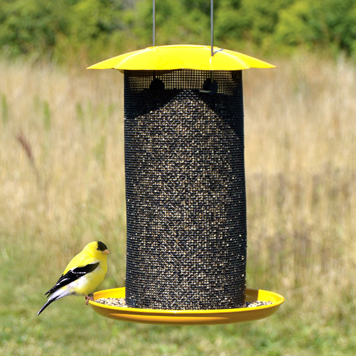 Mammoth Yellow Thistle Feeder with wire mesh, roof cover, and built-in drainage. Holds 5 lbs. of Nyjer® seed. Includes wire hanger.