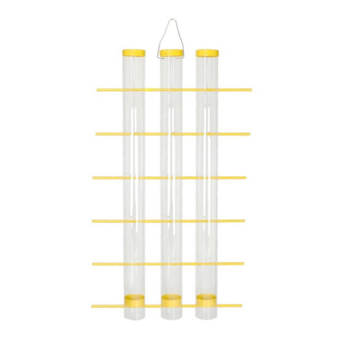 Yellow Finch's Favorite 3 Tube Feeder features three clear seed tubes with yellow caps and perches, designed for 24 finches to feed simultaneously.