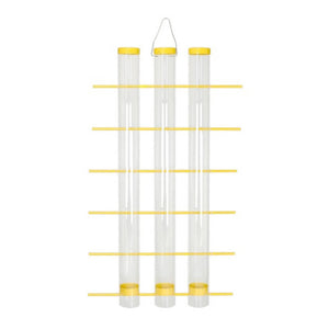 Yellow Finch's Favorite 3 Tube Feeder features three clear seed tubes with yellow caps and perches, designed for 24 finches to feed simultaneously.