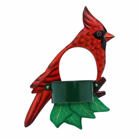 Cardinal Window Bird Feeder, hand-carved wood, hand-painted, with suction cups for window attachment and a metal feeding cup with a screen bottom.