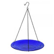 Cobalt Swirls Glass Hanging Bird Bath with embossed swirl pattern and a 13-inch diameter basin, hanging from a 16.5-inch chain.