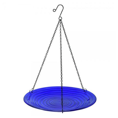 Cobalt Swirls Glass Hanging Bird Bath with embossed swirl pattern and a 13-inch diameter basin, hanging from a 16.5-inch chain.