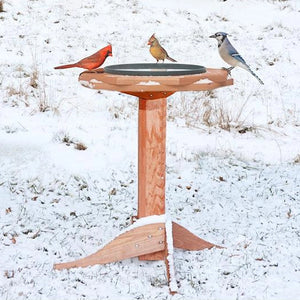 Western Red Cedar Heated Bird Bath with three songbirds perched on the rim, set in a snowy yard, showcasing its insulated design for winter use.