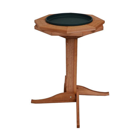 Western Red Cedar Heated Bird Bath with a wooden pedestal, black plastic tray, and thermostatically controlled heater, ideal for providing birds with water in cold weather.
