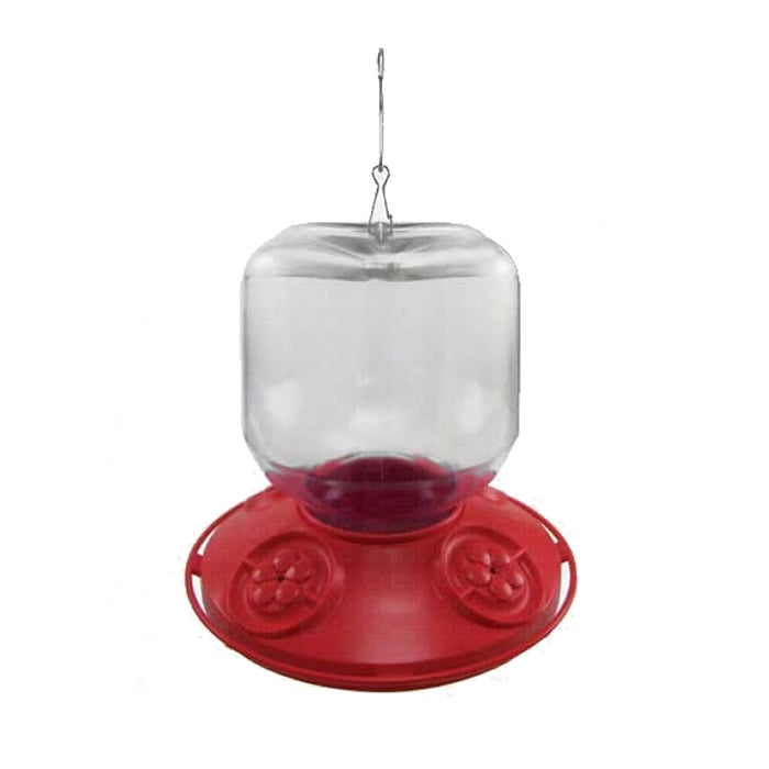 Dr. JB's Hummingbird Feeder 32 oz., close-up view showing the clear plastic bottle with a wide mouth, red base, and silver S-hook for hanging.