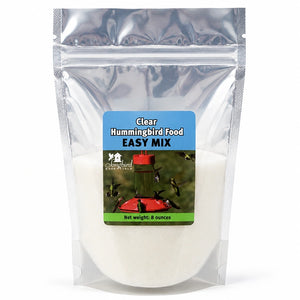 Clear Hummingbird Food Easy Mix in resealable pouch packaging with hummingbird feeder label and white nectar mix inside.