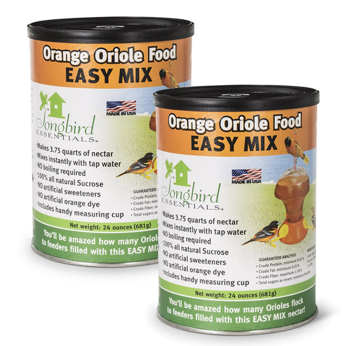 Two cans of Easy Mix Oriole Nectar, featuring all-natural ingredients for vibrant plumage.