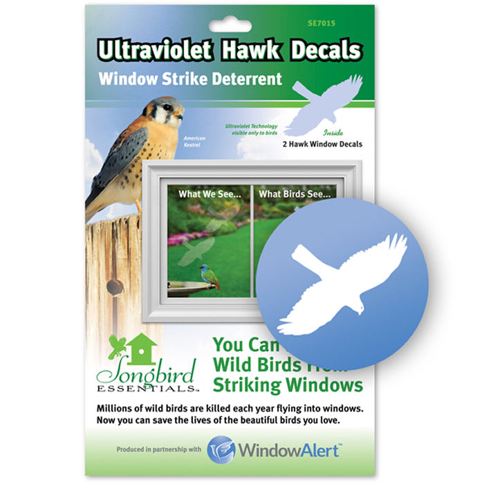 Hawk WindowAlert Decals, set of 2, seen on a window, help prevent bird collisions with UV-reflective coating, ensuring visibility to birds and safety.