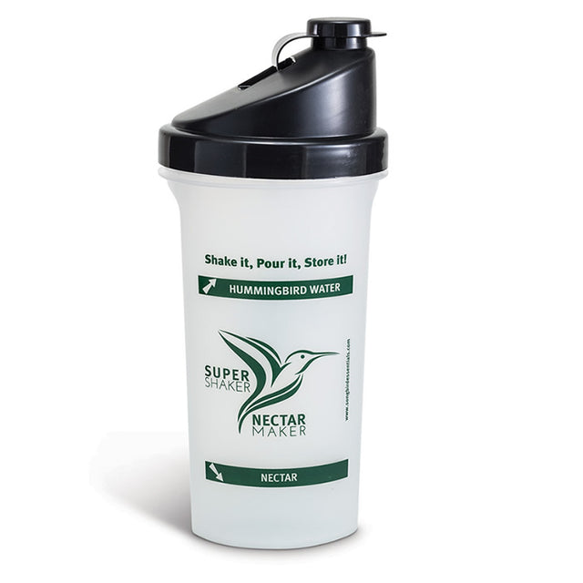 Super Shaker Nectar Maker: A white shaker bottle with a snap-on black lid, printed measurements, and a grate wand for easy hummingbird nectar preparation.