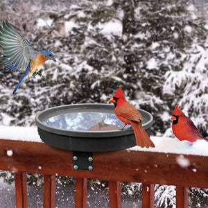 Songbird Spa Bath with a 75-watt heater, featuring red Cardinals and a swooping Bluebird, offers open water in snow-covered surroundings.