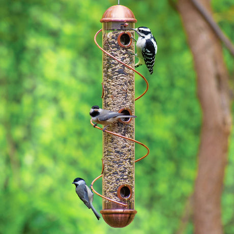 17 Copper Spiral Sunflower Seed Feeder with seven feeding ports, spiral perch, and attached hanging cable, featuring aluminum and stainless steel with a copper finish.