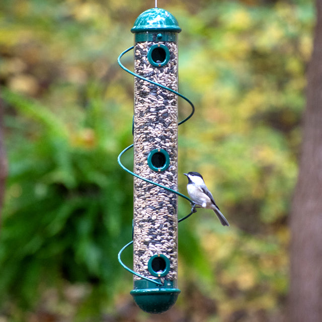 17 Green Spiral Sunflower Seed Feeder with a bird perched on one of the seven feeding ports, showcasing its aluminum and stainless steel construction.