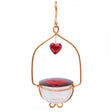 Holland Hill Heart Hummingbird Feeder with cherry red glass lid, heart-shaped copper wire frame, and clear dish, featuring 4 feeding ports and a copper hanging hook.