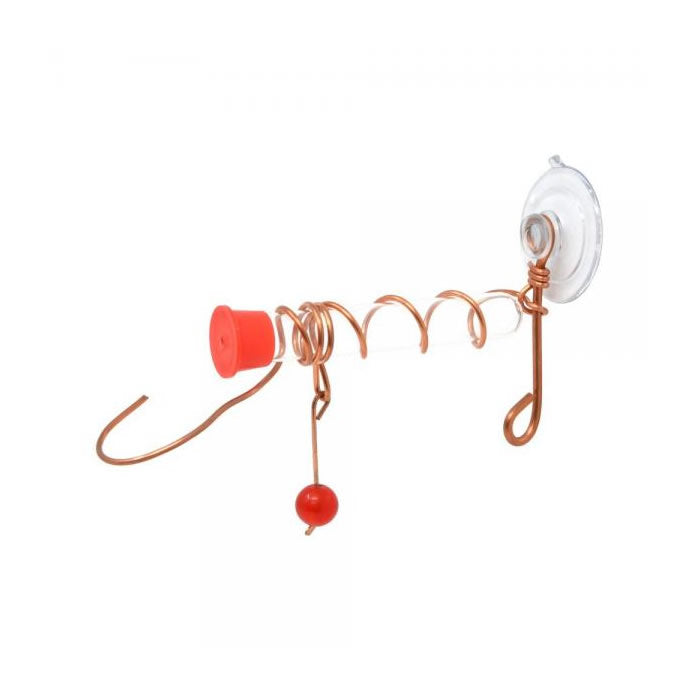 Window Hummingbird Feeder with a red cap, dangling bead, and a copper wire frame; includes a suction cup for window mounting and a glass feeding tube.