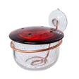 Copper Hummingbird Window Feeder with a glass jar and red lid. Features four feeding ports, strong suction cup for window mounting, and easily removable dish for cleaning.