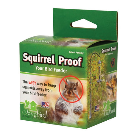 Squirrel Proof Spring Device packaging showing an image of the device and a warning illustration of a squirrel with a red circle around its face.