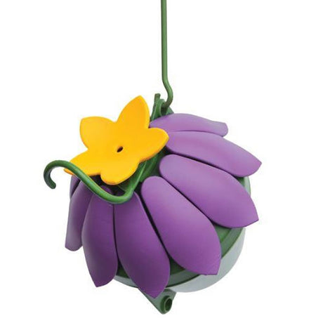 Purple So Real Single Flower Hummingbird Feeder with lifelike flower petals, translucent green basin, and dome cover to keep insects out.