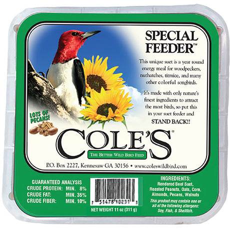 Cole's Special Feeder Suet Cakes in a plastic container with a bird and sunflower design, featuring a barcode and logo. Available in sets of four or twelve.