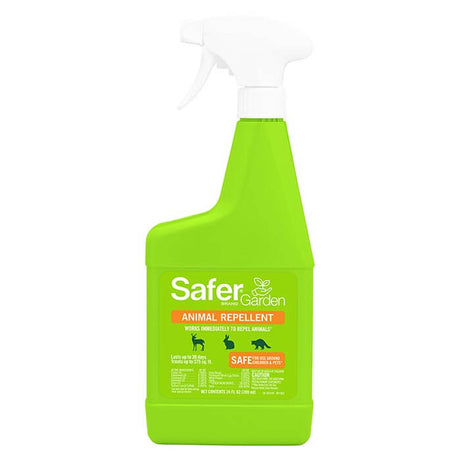 Garden Animal Repellent RTU Spray, 24 oz. - A green bottle with a white sprayer and label, effective against various animals, safe for kids and pets.