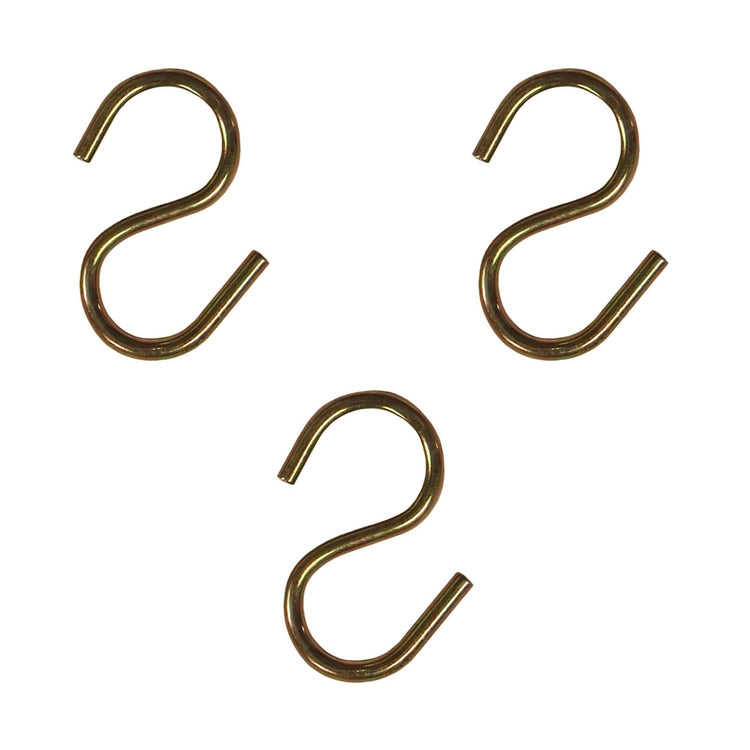 Three gold metal hooks on a white background