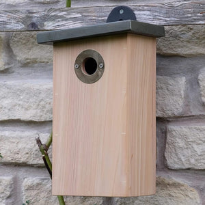 Cat Proof Bird Nester: A wooden birdhouse with a circular entrance hole, designed for predator resistance and easy maintenance, made from FSC-certified timber.