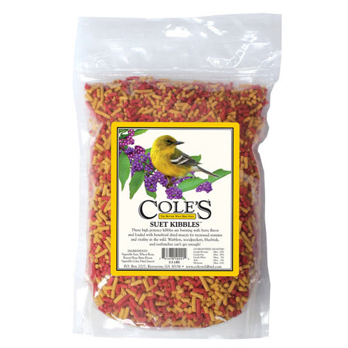 Cole's Suet Kibbles bag containing berry-flavored suet pellets with dried insects, designed to attract and energize suet-loving birds.