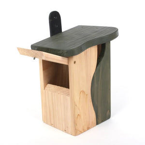 Curve Cavity Bird Nest Box with a green roof, natural wood body, and curved entrance hole, designed for small birds.