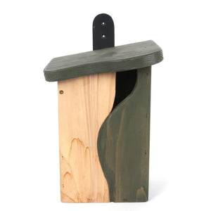 Curve Cavity Bird Nest Box with a unique curved entrance hole, crafted from sustainable wood, featuring an easy-open side panel for cleaning and a durable recycled plastic hanger.