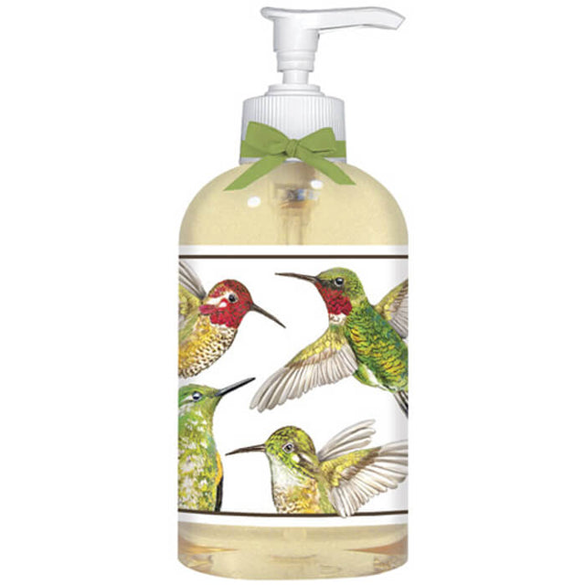 Hummingbird Liquid Soap-Fresh: A 12 oz hand-pump bottle of natural glycerine soap with a nature-inspired label featuring a colorful bird design.