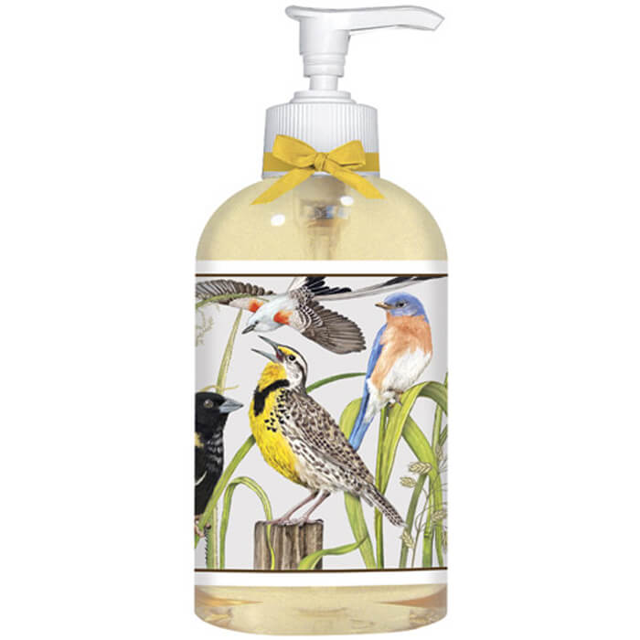 Bottle of Birds in Grass Liquid Soap-Fresh, featuring a white pump and nature-themed label, ideal for bathroom or kitchen use. 12 oz size.