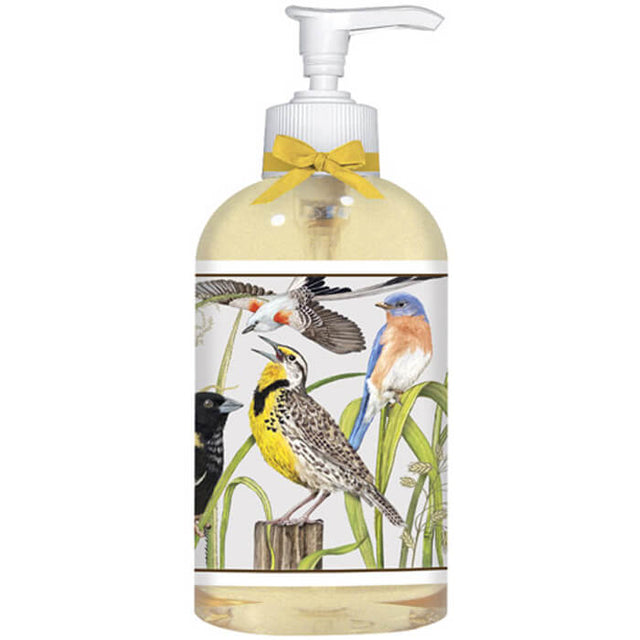 Bottle of Birds in Grass Liquid Soap-Fresh, featuring a white pump and nature-themed label, ideal for bathroom or kitchen use. 12 oz size.