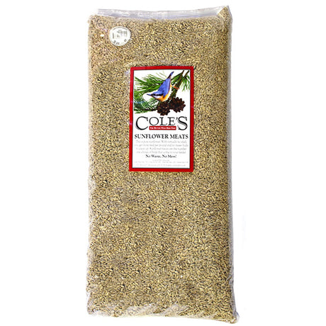 Cole's Sunflower Meats Bird Seed, 20 or 40-lb bag, featuring hulled sunflower seeds for no-waste feeding, shown in a clear bag with sunflower seeds visible.