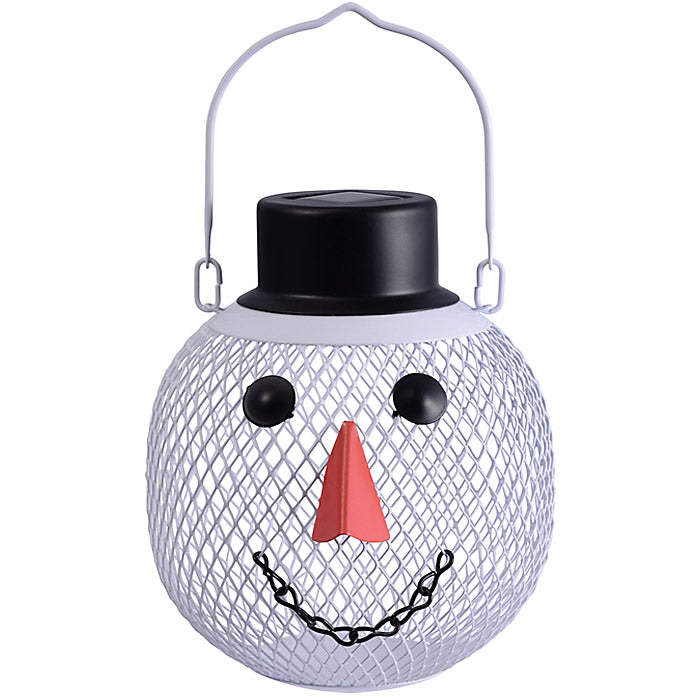 Solar Snowman Feeder: All-metal snowman lantern with a smiling face and removable top hat, featuring solar illumination and mesh drainage for birdseed.