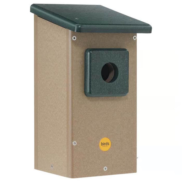 Western Bluebird House with a round entrance hole and side door panel for easy cleaning, designed to keep predators out.