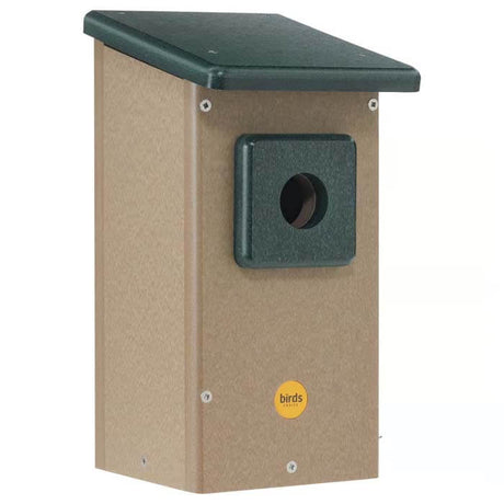 Eastern Bluebird House with a 1-1/2 inch entrance hole, predator guard, and side door panel for easy cleaning, made from durable recycled plastic.