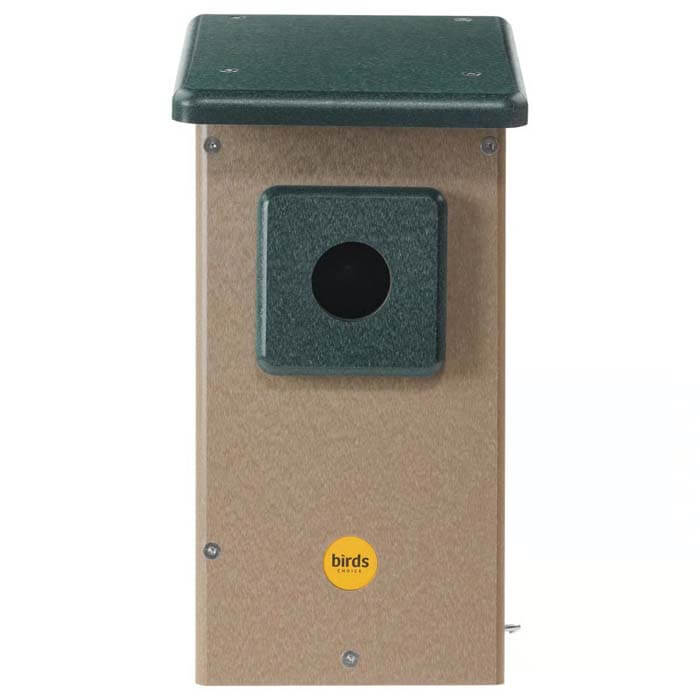 Western Bluebird House with entrance hole, easy-clean side door, and predator-resistant design, made from durable recycled plastic.