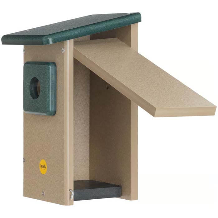 Western Bluebird House with green roof, featuring a tapered face and side door for easy cleaning, made from durable recycled plastic.