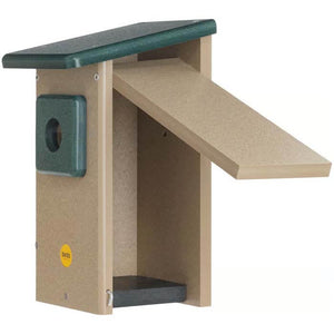 Eastern Bluebird House with green roof, 1-1/2 inch entrance hole, predator guard, side door for cleaning, made from durable recycled plastic.