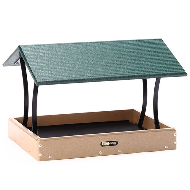 Birds Choice Medium Fly-Thru Green Roof feeder with a taupe base, wrought iron supports, and removable seed tray for easy cleaning and drainage.