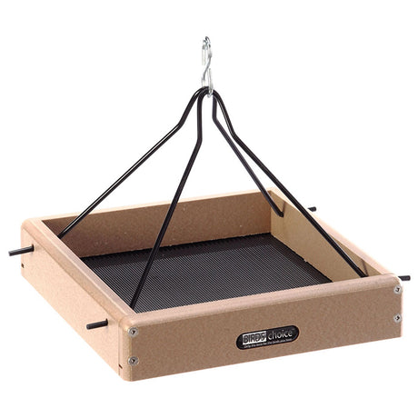 Recycled Hanging Tray, Small: bird feeder with wire attachment, heavy-duty steel rod hangers, perforated steel tray for drainage, open platform for attracting various songbirds.