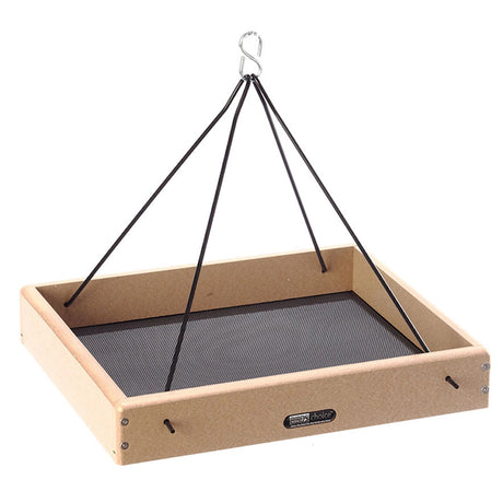 Recycled Hanging Tray, Large: A wooden rectangular bird feeder with a metal hook, heavy-duty steel rod hangers, and a perforated steel tray for drainage.