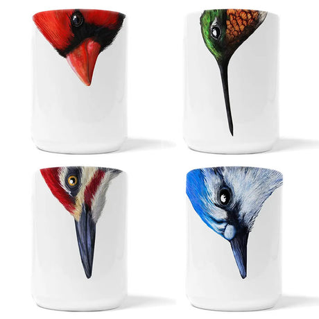 Wild Bird Snout Mugs, 4 to Choose From: Group of mugs featuring detailed bird heads, including Cardinal, Hummingbird, Woodpecker, and Blue jay designs.