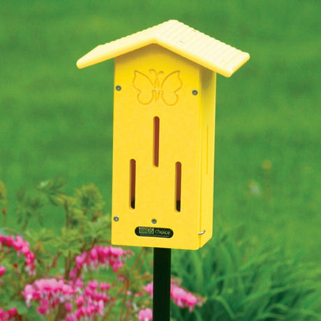 BirdsChoice Pole-Mounted Butterfly House with laser-etched butterfly design, featuring three fly-through openings and a durable, recycled plastic build.