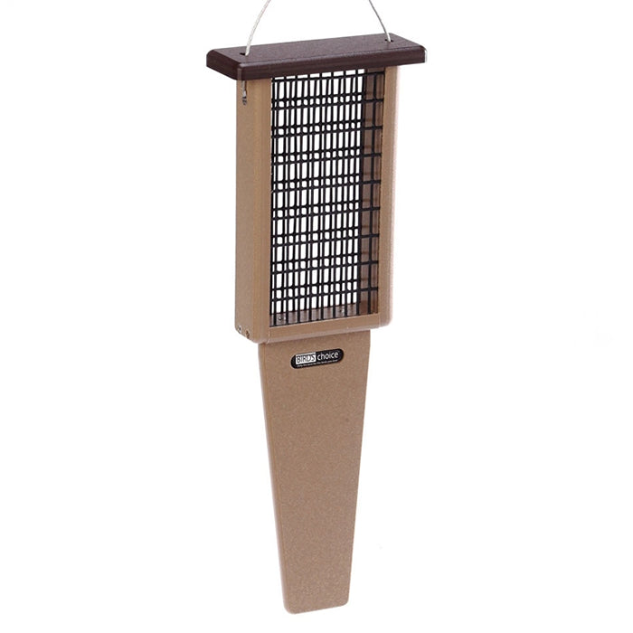 Recycled Double Cake Pileated Suet Feeder, Brown Roof: features a black mesh and wire sides for woodpeckers, holding two suet cakes, with a 6-1/2 inch hanging cable.