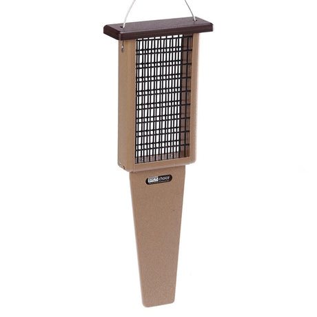 Recycled Double Cake Pileated Suet Feeder, Brown Roof: features a black mesh and wire sides for woodpeckers, holding two suet cakes, with a 6-1/2 inch hanging cable.