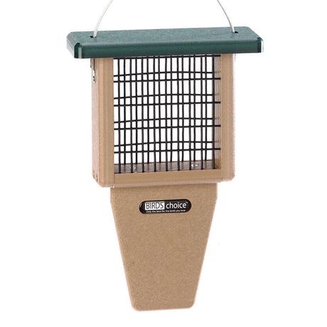 Recycled Single Cake Tail Prop Suet Feeder, Green Roof, with wire mesh sides for woodpeckers and a top lift for easy suet filling.