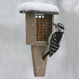 Single Cake Tail Prop Suet feeder with brown roof, featuring a woodpecker feeding, showcasing wire sides and extended tail prop area for balance.